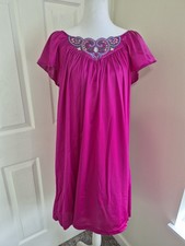 Vintage Hot Pink Short Sleeve Nightgown - Embroidered Neckline Yoke - Size...