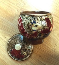 RARE POT BOULE COUVERT signée EL ou EV -CERAMIQUE VERNISSEE DROMADAIRE & PALMIER