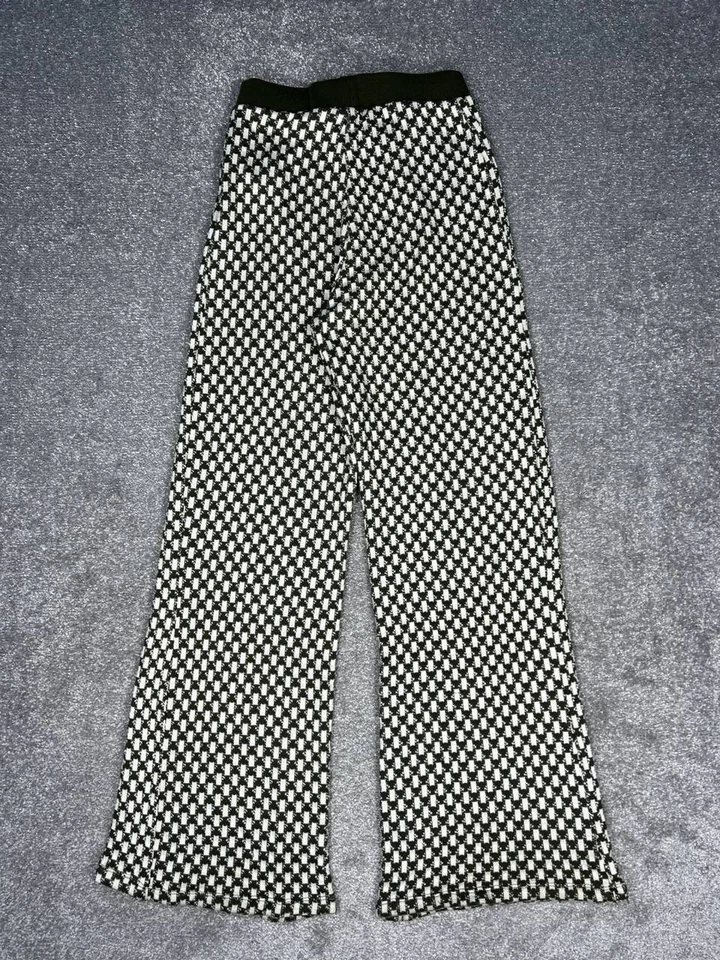 Zara Palazzo Pants Womens Medium Green White Checkered Knit High Rise Wide Leg - Image 2 of 4