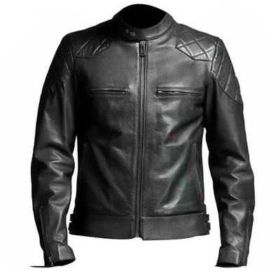Men s Vintage Slim Fit Black Quilted Genuine Leather Motorcycle Biker Jacket