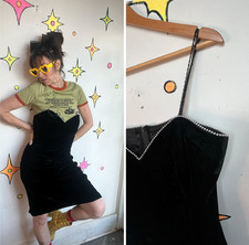80s Black Velvet Mini Dress Goth Vamp Party Cocktail Faux Pearl Trim Dress M