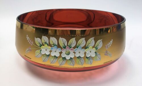 Bohemia Crystal Slavia Glassworks Cranberry Wide Bowl Gold Overlay Hand-Painted - Picture 2 of 11