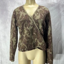 Daniel Bishop Cashmere Sweater Size M Taupe Burgundy Paisley Crossover Neck Y2K