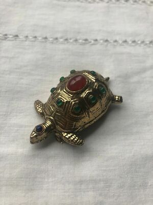 RARE Vintage Zentall Emerald Green Carnelian Glass Jewel Cabochon Turtle  Brooch