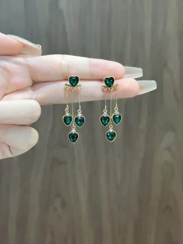 Inspired By Designer Emerald Green CZ Heart Gold Filled Drop Ear Jacket Earring - Image 4 of 4