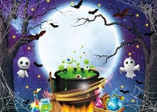 Full Moon Witch Pot Backdrop Halloween Dead Tree Bat Little Ghost Background