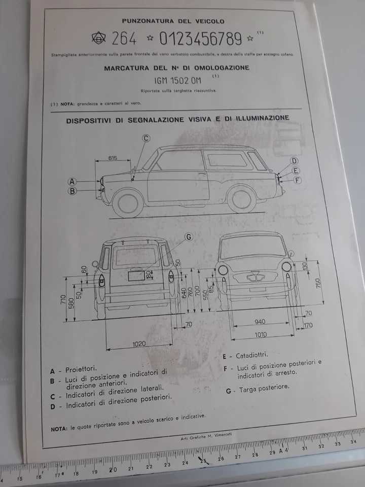AUTOBIANCHI BIANCHINA FURGONCINO TIPO 264 SCHEDA omologazione originale 1960 ASI - Immagine 4 di 4