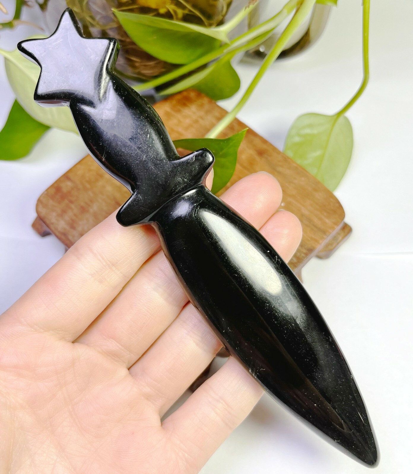 Hand-Carved Black Obsidian Crystal Star Sword for Healing and Energy