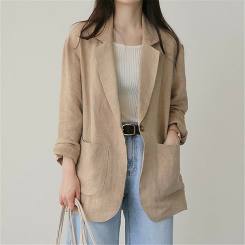 Women Cotton Linen Suit Cardigan Jacket Blazer Retro Ladies Loose Top Casual