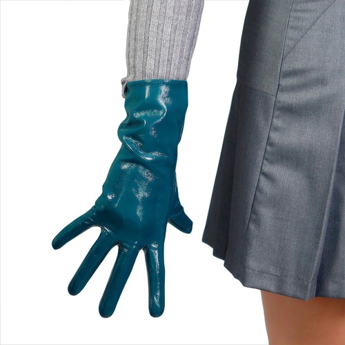 Women EXTRA SHORT LATEX GLOVES 13cm Faux Patent Leather Shine Teal Peacock Blue - Picture 7 of 12