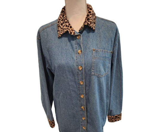 Vintage 90s Studio Ease Blue Demin Cheetah Collar Long Sleeve Button Up Shirt L - Picture 1 of 5