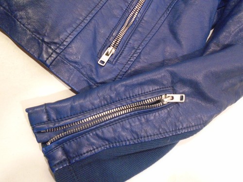 Blue Faux Leather Jacket Black Rivit Women’s Size Large zip front lined - Picture 5 of 8