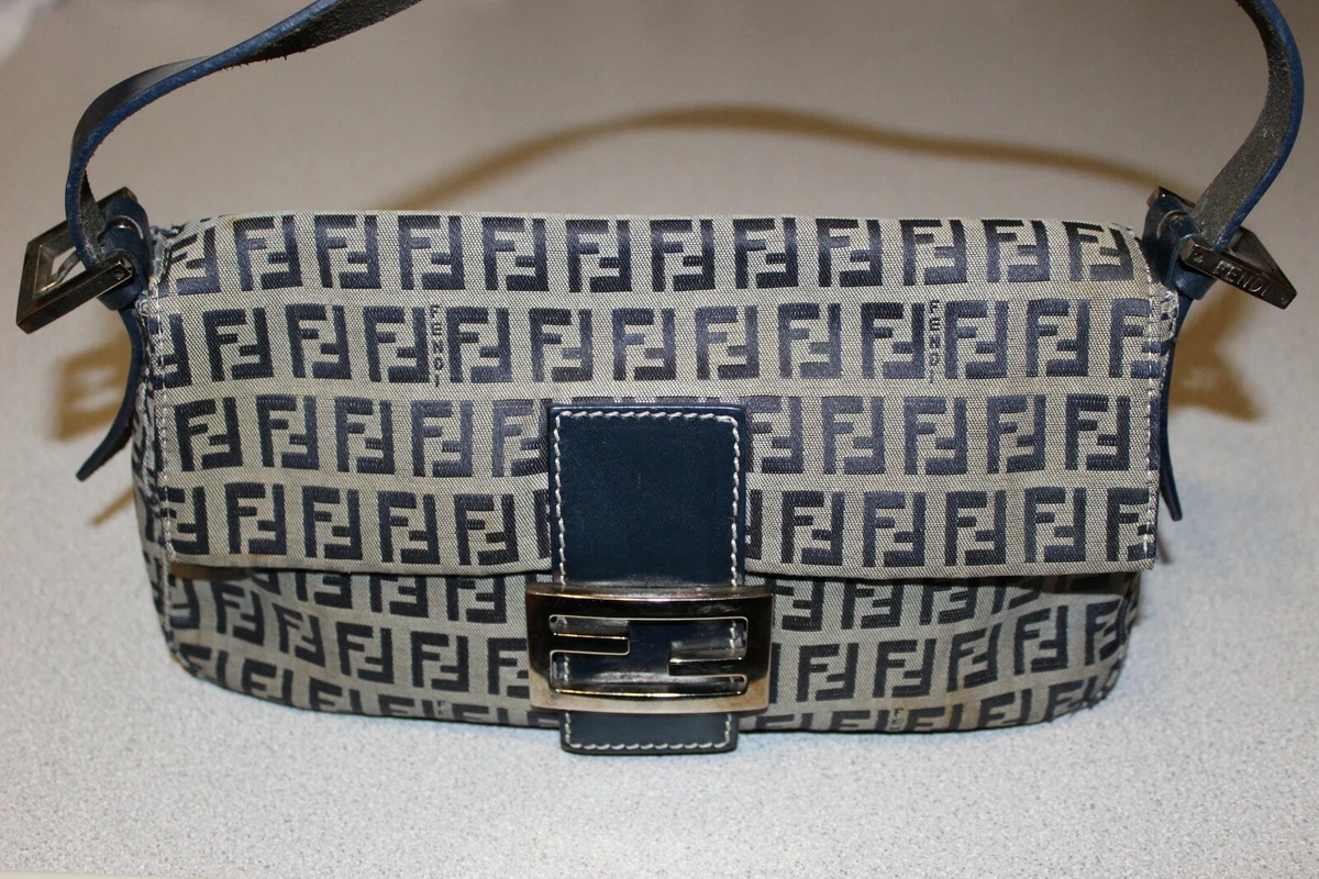 Authentic Fendi Zucca Mamma Canvas Baguette Navy Blue Shoulder Bag Purse ~  Rare