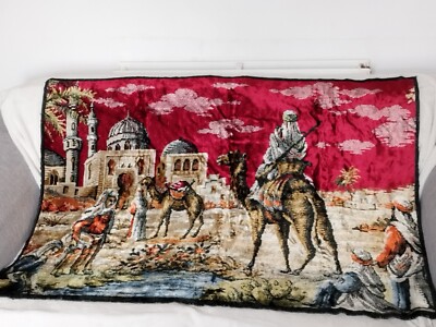 Wandteppich Nahöstliche Szene Groß Vintage Gold Rot Samt Kamele 52'' x 37''