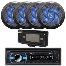Pyle Bluetooth CD Radio, 4x 4" 100W Blue Flash LED Boat Speakers, Cover Black 