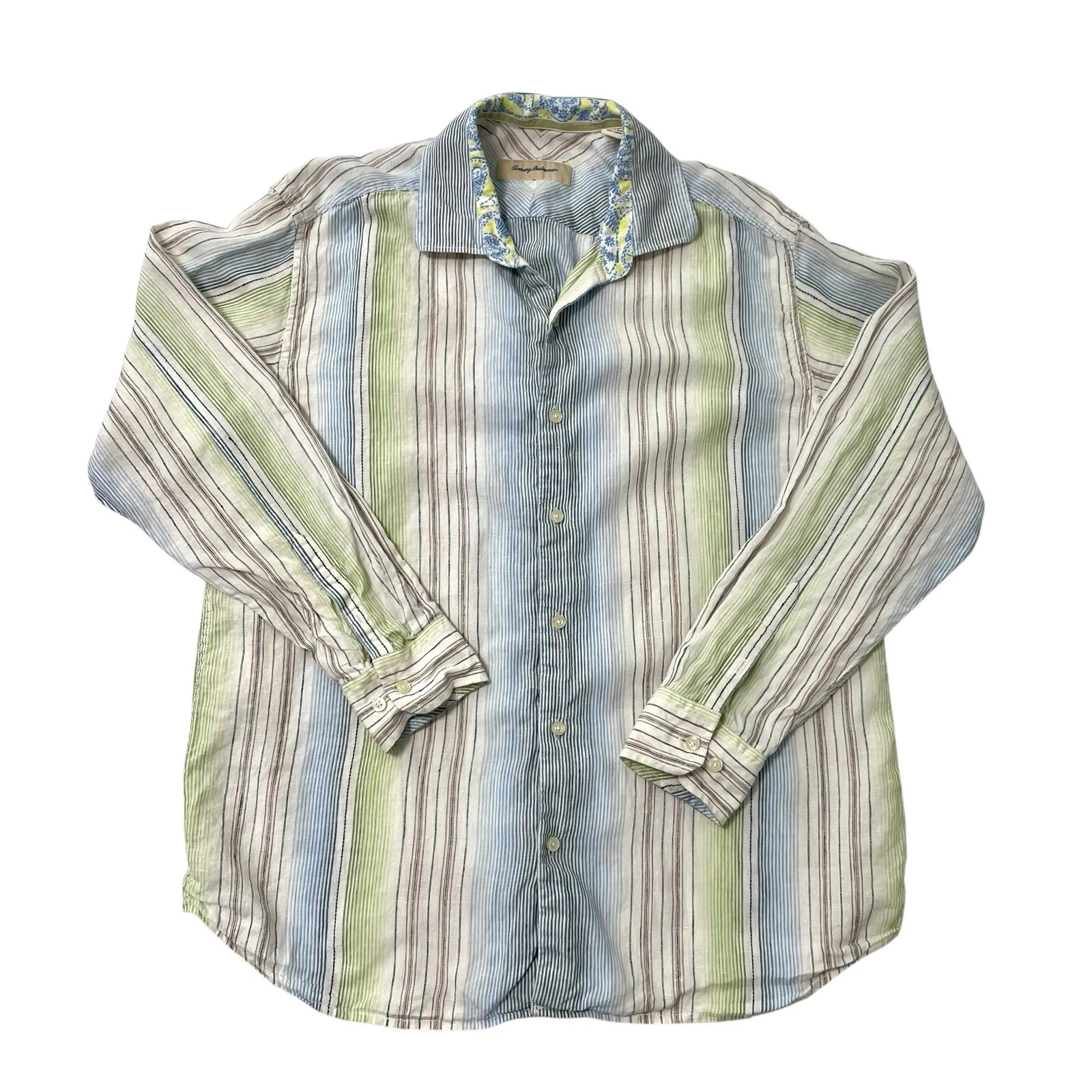 Tommy Bahama 100% Linen Stripe Long Sleeve Button Front Shirt size Large