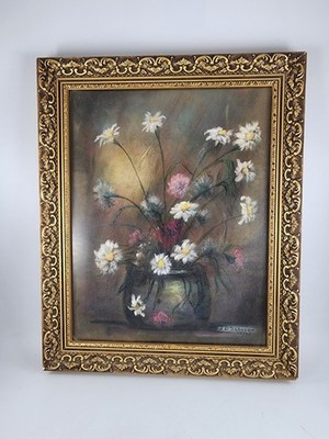 Floral Artwork Signed JD Scherer '74 White Daisies Framed Rococo Gold Style Vtg