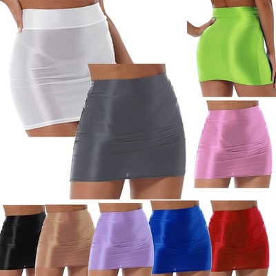 Women's Glossy Semi See Through Basic Stretchy Bodycon Pencil Tube Short Skirt