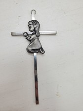 Childrens 6" Chrome Cross with small child girl praying, 1st Baptism, Birthday