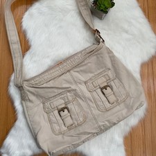 Beige Canvas Crossbody Bag with Buckle Pockets