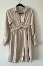 NEW! JOIE  Women Dress Knee-High Linen Casual Pockets Long Sleeve Beige Size S