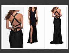 LA FEMME Black Satin V-neck Sleeveless Jersey Trumpet Gown 28677 Size 6 B702