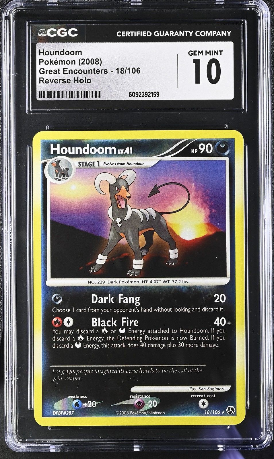 CGC 10 GEM MINT Houndoom 2008 Great Encounters 18/106 Reverse Holo Pokemon Card