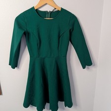 Lulus Emerald Green Scalloped Fit & Flare Dress | Small | Ponte Knit 3/4 Sleeve