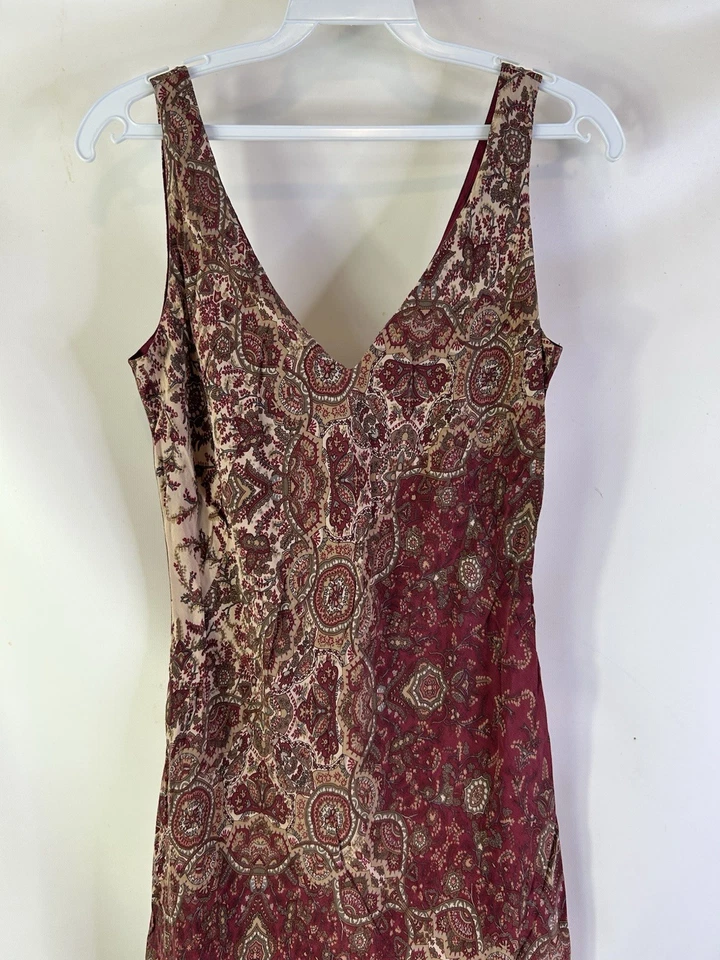 Vestido sin Mangas Vintage Años 90 Banana Republic Mujer 0 Seda Paisley Terroso Hada Boho Foto 3 de 4