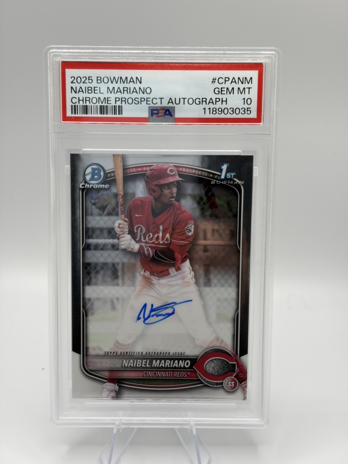 2025 Bowman - Chrome Prospect Autographs Naibel Mariano #CPA-NM (AU, RC) PSA 10
