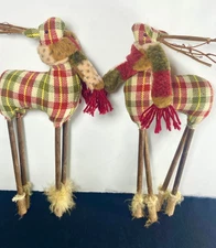 Reindeer Christmas Holiday Primitive Handmade Decorations Set of 2 Wood & Fabric