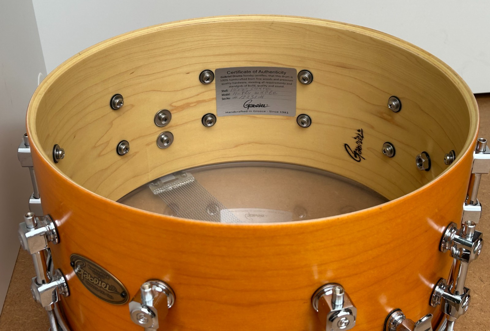 GABRIEL 14''x 7'' Handcrafted Snare Drum-11Ply Maple-10 Brass Lugs-Diecast hoops photo 16