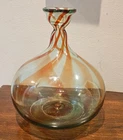 Vintage Blenko Glass 9” Balloon Vase Antique Green w/Tangerine Stripes