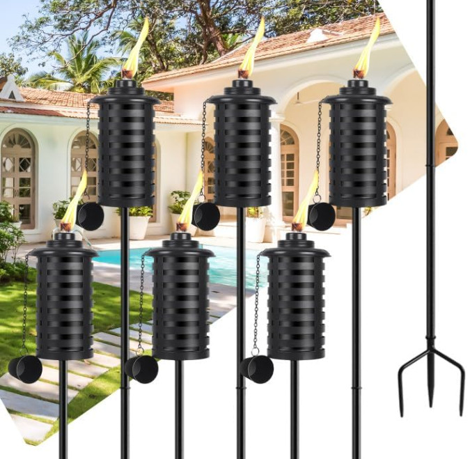 6 Pcs 59" Metal Outdoor Torches with Stakes, 16 oz Garden & 