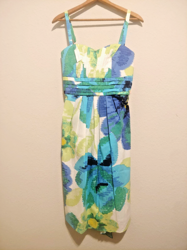 NWT Dress Barn Summer Dress Straps Blue Green Floral Pin Tuck Party Women's SZ 8 - Picture 1 of 11