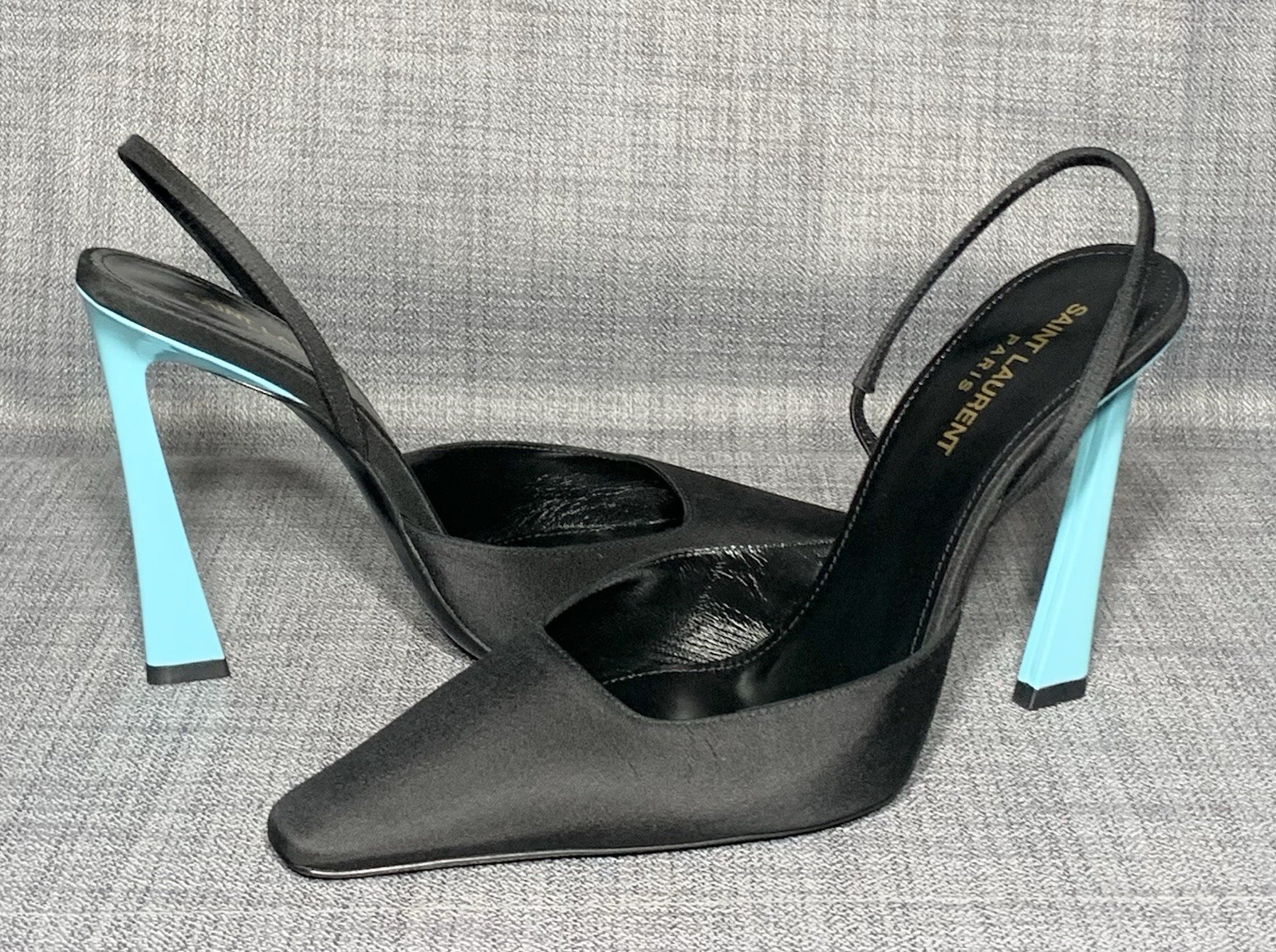 Saint Laurent Blade 105 décolleté slingback raso nero blu celeste EU 41 US 11