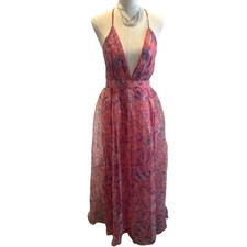 Lovely Day Pink Floral Halter Maxi Dress High Slits Back Zip M