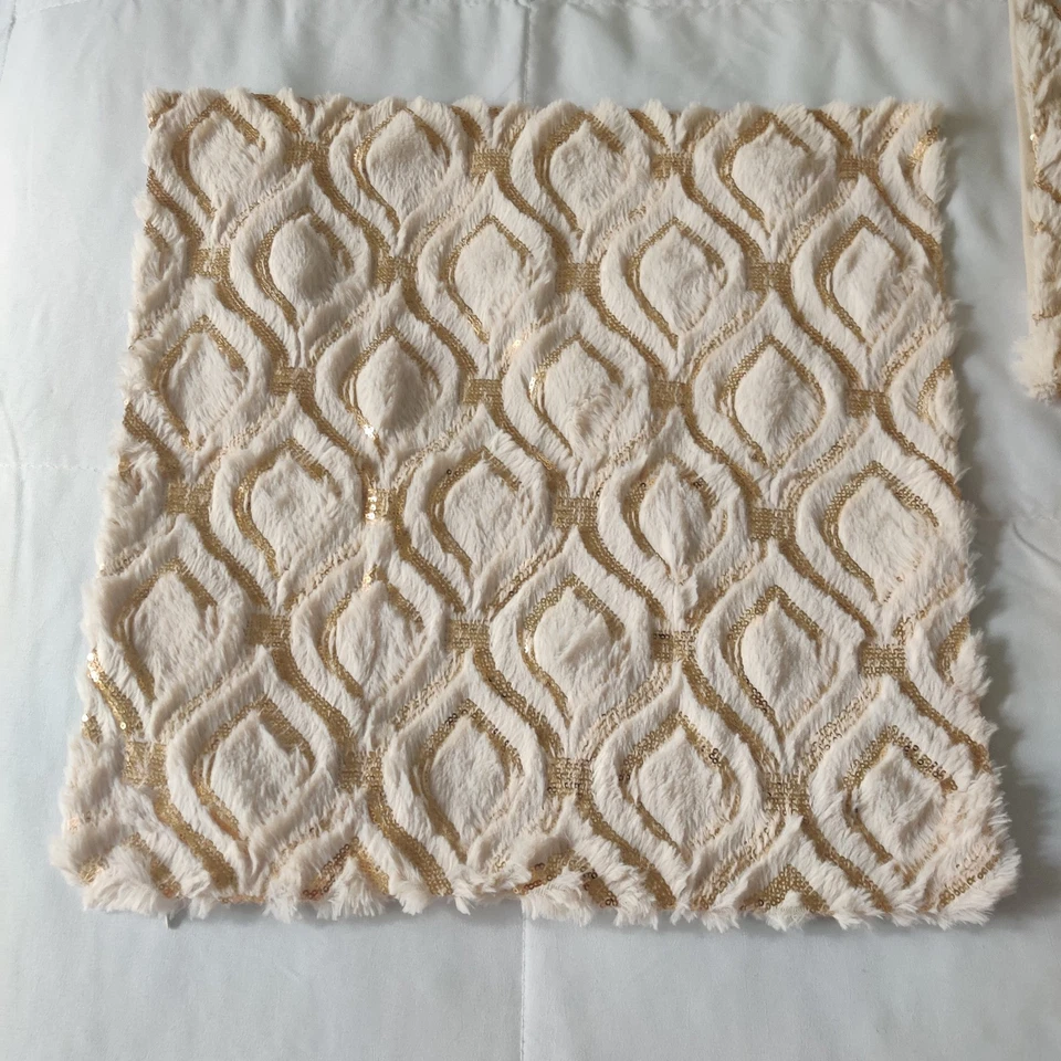 3 Gold Sequin Embroidered, Beige Faux Fur, Decorative Throw Pillow Covers 18x18 - Image 4 of 4