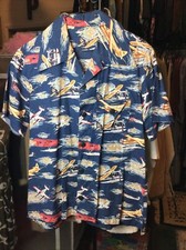 Vtg Blue Mens Hawaiian Shirt Airplane Fighter Planes Primary Color Sz 42 Large