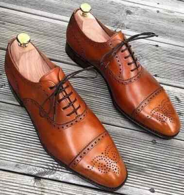 Handmade Men's Leather Brown Oxford Formal Brogue Cap Toe Dress Shoes For Men