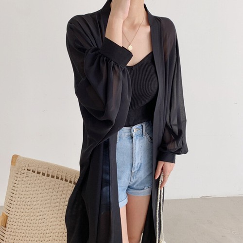 Women Chiffon Long Cardigan Mesh Sheer Summer Sunscreen Coat Open Loose Outwear - Picture 22 of 24
