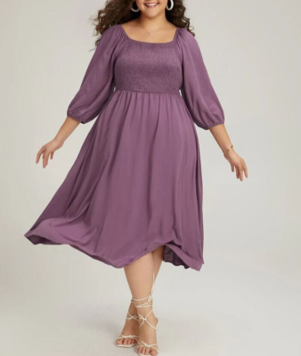 purple dress size 18 Bloomchic 18 20 2X Plain Shirred Square Neck Elastic Cuffs Mauve Purple  Dress