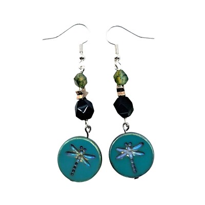 Handmade Czech glass Dragonfly faceted agate silver tone earwires 1-3/4'' NEW