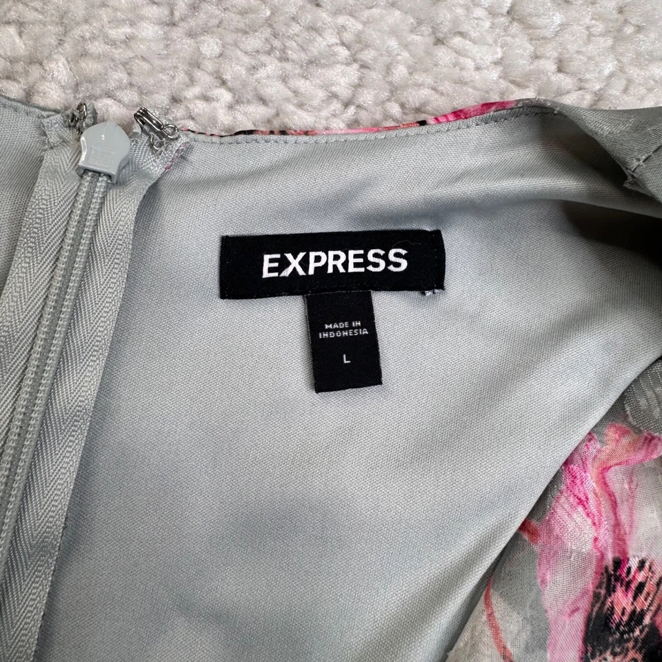 Express Floral Long Sleeve Pleated Wrap Romper Pink Gray Womens Large - Image 3 of 4