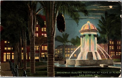 Broadway Electric Fountain at Night in Plaza Pan Pac Expo CA Vtg Postcard D35