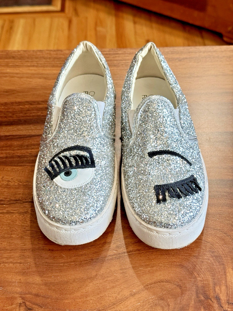 CHIARA FERRAGNI Lashes Wink Silver Glitter Slip on Shoes Sneakers EUR40 US 9-9.5
