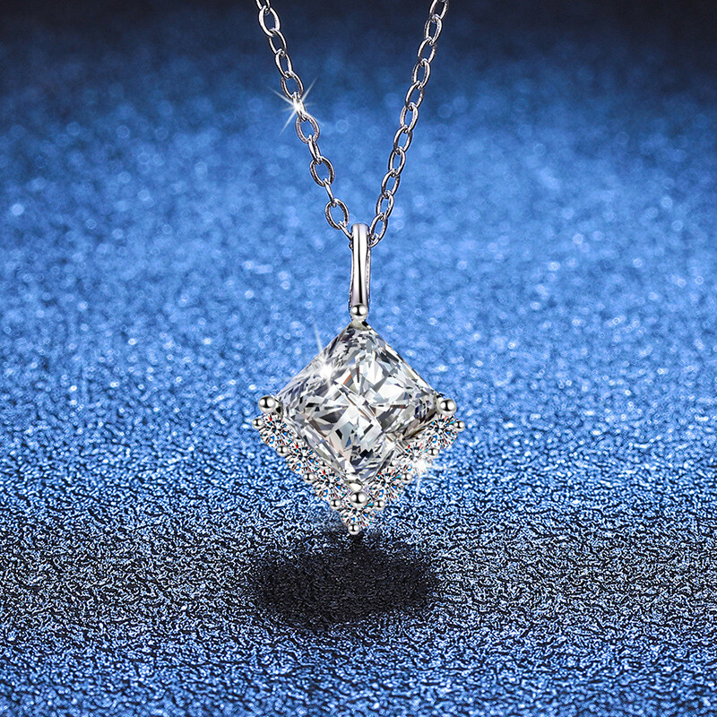 2CT D Color Moissanite Square Pendant Necklace in 925 Silver for Women