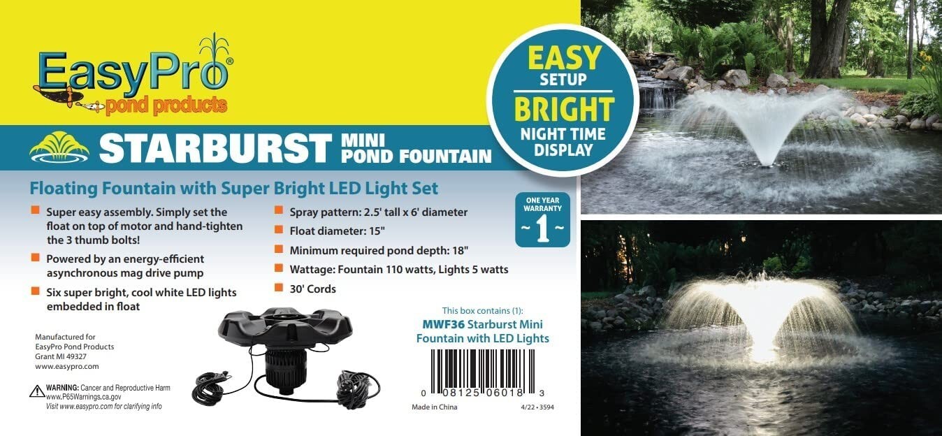 EasyPro Starburst Outdoor Floating Pond Fountain with Super Bright LED