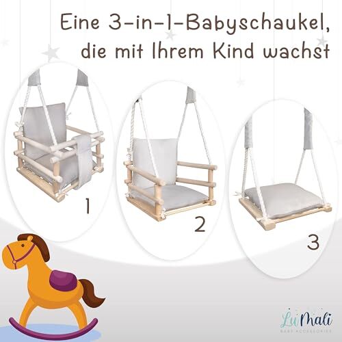 Holz Babyschaukel Indoor 3in1 – Kinderschaukel mit Kissen und Sicherheitsgurt - Bild 35 von 57