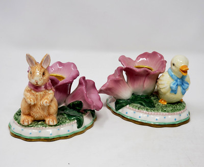 Avon 2003 Easter Springtime Taper Candle Holders Bunny And Duck Set w/ Candles